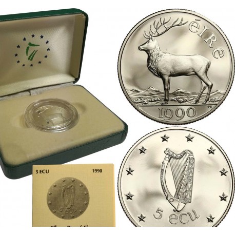 IRLANDA 10 ECU 1990 VENADO y ARPA MONEDA DE PLATA PROOF Ireland Eire PRE-EURO silver coin 10 ECUS 1990