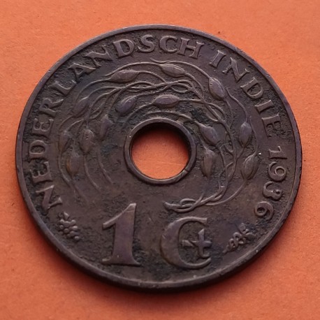 INDIA ORIENTAL HOLANDESA 1 CENTIMO 1936 Época REINA GUILLERMINA KM.317 MONEDA DE BRONCE MBC NEDERLANDSCH INDIE WWII