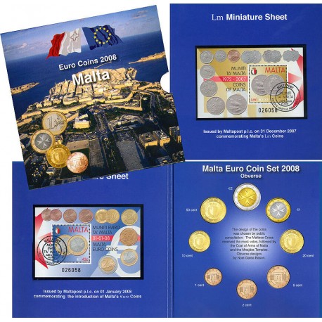 . 1º AÑO DE EMISION x MALTA CARTERA OFICIAL EUROS 2008 SC 1+2+5+10+20+50 Centimos + 1 EURO + 2 EUROS 2008 + SELLOS