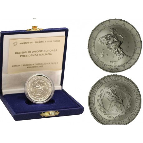 @ESTUCHE OFICIAL@ ITALIA 10 EUROS 2003 DAMA ALEGORICA y PRESIDENCIA DE UNIÓN EUROPEA KM.259 MONEDA DE PLATA SC