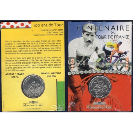 . @ESTUCHE OFICIAL@ FRANCIA 1/4 EURO 2003 1903 CENTENARIO DEL TOUR DE FRANCIA CICLISTA KM.1995 MONEDA DE PLATA SC