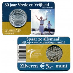 @COINCARD@ HOLANDA 5 EUROS 2005 REINA BEATRIZ 60 ANIVER. FINAL DE LA WWII KM.254 MONEDA DE PLATA SC The Netherlands