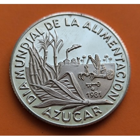 . @Tirada 1.560 uds@ CUBA 5 PESOS 1981 CAÑA DE AZUCAR y TRACTOR DIA MUNDIAL DE LA ALIMENTACION KM.78 MONEDA DE PLATA PROOF