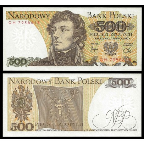 POLONIA 500 ZLOTY 1982 TADEUSZ KOSCIUSZKO Pick 145 BILLETE SC POLAND 500 Zlotych UNC BANKNOTE