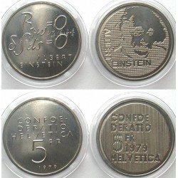 . 2 monedas ALBERT EINSTEIN x SUIZA 5 FRANCOS 1979 FORMULA MATEMATICA y BUSTO KM.57 + KN.58 NICKEL SC- Switzerland