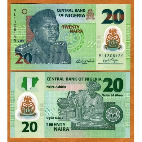 NIGERIA 20 NAIRA 2007 GENERAL MURTALA y ALFARERA Pick 34B BILLETE DE PLASTICO/POLIMERO SC Africa UNC BANKNOTE Polymer