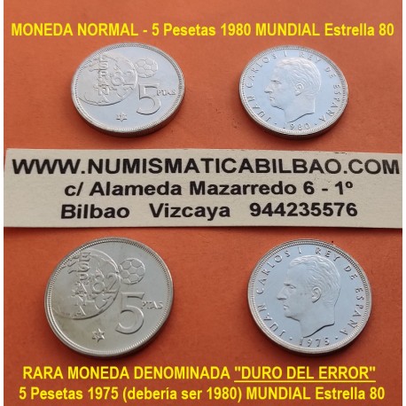 @DURO DEL ERROR@ ESPAÑA 5 PESETAS 1975 * 80 MUNDIAL JUAN CARLOS I @RARA@ MONEDA DE NICKEL SC SIN CIRCULAR