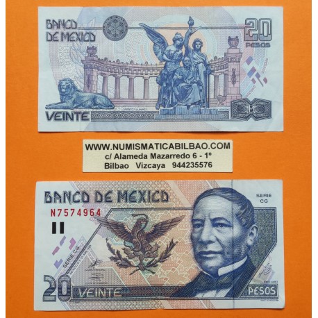 @PVP NUEVO 28€@ MEXICO 20 PESOS 1999 BENITO JUAREZ, LEÓN y DAMAS Pick 106 BILLETE MBC