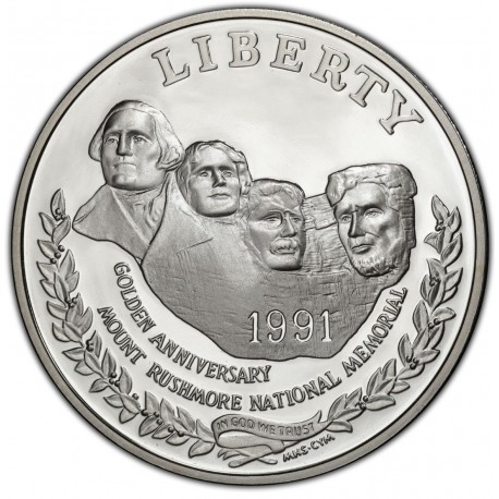 ESTADOS UNIDOS 1 DOLAR 1991 S MONTE RUSHMORE y PRESIDENTES KM.229 MONEDA DE PLATA PROOF Estuche Oficial US MINT USA