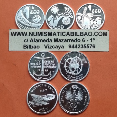 7 monedas @NO ESTUCHE@ 1 ECU 1989+1992+1994+1995+1996 + 1 EURO 1997+1998 PLATA FNMT España SI CÁPSULAS