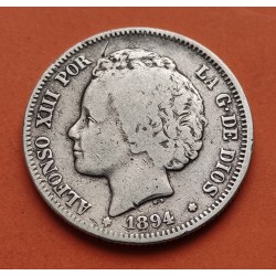 . @RARA@ ESPAÑA Rey ALFONSO XIII 2 PESETAS 1894 * -- / -- PGV Tipo "RIZOS" MONEDA DE PLATA KM.704 Spain silver coin R/3