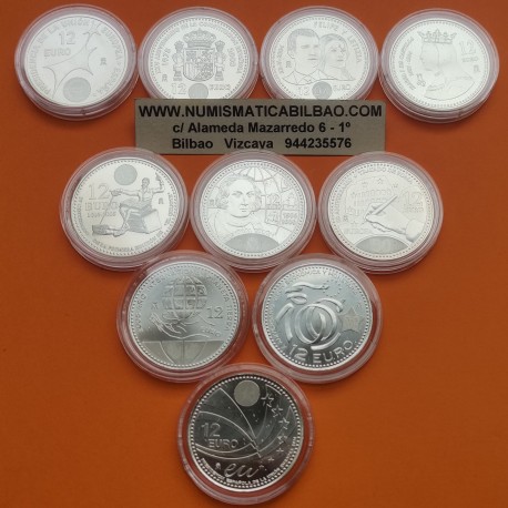 10 monedas NO BOLSA FNMT x ESPAÑA 12 EUROS 2002+2003+ 2004 x2 +2005+2006+2007+2008+2009+2010 PLATA SC SI CAPSULAS