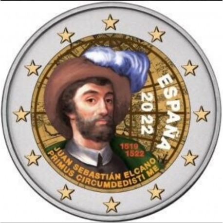 @MONEDA EN COLORES@ x ESPAÑA 2 EUROS 2022 JUAN SEBASTIAN ELCANO LA VUELTA AL MUNDO SC CONMEMORATIVA + CAPSULA