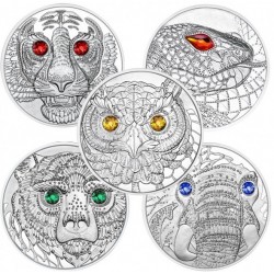 5 monedas x @CRISTAL DE SWAROVSKI@ AUSTRIA 20 EUROS 2021 + 2022 PLATA SERPIENTE BUHO TIGRE ELEFANTE OSO