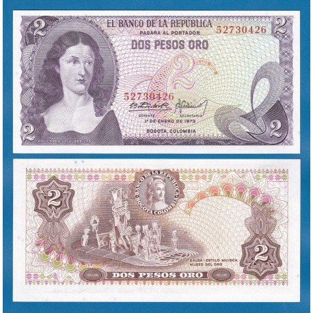 COLOMBIA 2 PESOS 1973 POLICARPA SALVARRIETA Pick 413A BILLETE SC UNC BANKNOTE 2 PESOS DE ORO 1 ENERO 1973