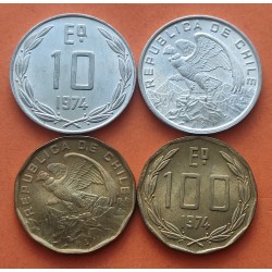 . 2 monedas x CHILE 10 ESCUDOS 1974 AGUILA ALUMINIO KM.200 + 100 ESCUDOS 1974 AGUILA KM.202 LATÓN SC-