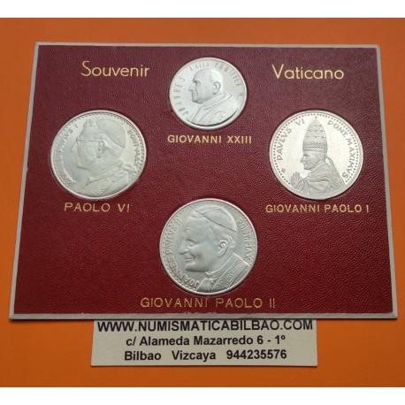 @OFERTA@ SOUVENIR VATICANO 4 MEDALLAS 1985 PAPA JUAN XXIII - PABLO VI - GIOVANNI PAOLO I y JUAN PABLO II COBRE BAÑO DE PLATA SC-