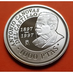 @NO ESTUCHE FNMT@ ESPAÑA 1000 PESETAS 1997 ANTONIO CANOVAS DEL CASTILLO @RARA@ MONEDA DE PLATA PROOF SI CÁPSULA