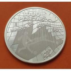 @NO ESTUCHE FNMT@ ESPAÑA 1000 PESETAS 1998 MUNDIAL FUTBOL FIFA FRANCIA MONEDA DE PLATA PROOF SI CAPSULA 0,40 Onzas