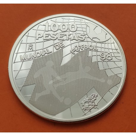 @NO ESTUCHE FNMT@ ESPAÑA 1000 PESETAS 1998 MUNDIAL FUTBOL FIFA FRANCIA MONEDA DE PLATA PROOF SI CAPSULA 0,40 Onzas