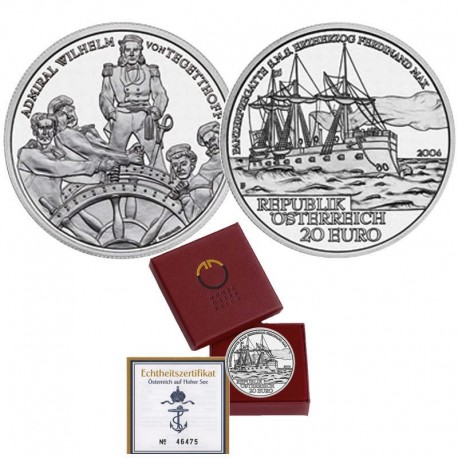 AUSTRIA 20 EUROS 2004 FRAGATA SMS FERDINAND MAX KM.3114 MONEDA DE PLATA ESTUCHE Österreich