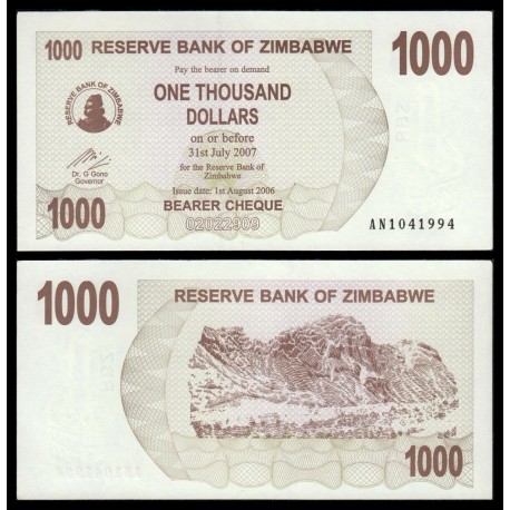 ZIMBABWE 1000 DOLARES 2006 MONTAÑA Edición Tipo CHEQUE Pick 44 BILLETE ...