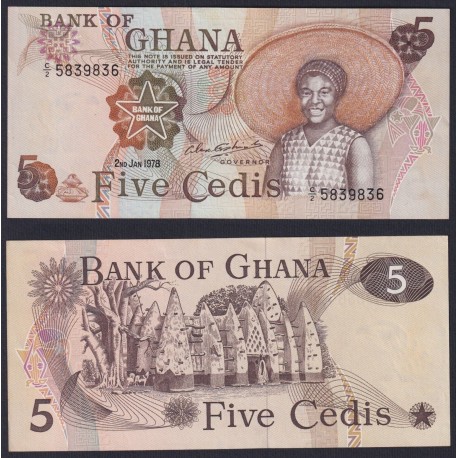 @ÚLTIMO AÑO DE EMISIÓN@ GHANA 5 CEDIS 1978 NATIVA CON SOMBRERO y CABAÑAS Pick 15B BILLETE SC Africa UNC BANKNOTE