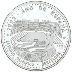 @Tirada 1.050@ CUBA 50 PESOS 1991 MONTJUICH ESTADIO OLIMPICO OLIMPIADA BARCELONA 1992 KM.343 MONEDA DE PLATA PROOF 5 Onzas