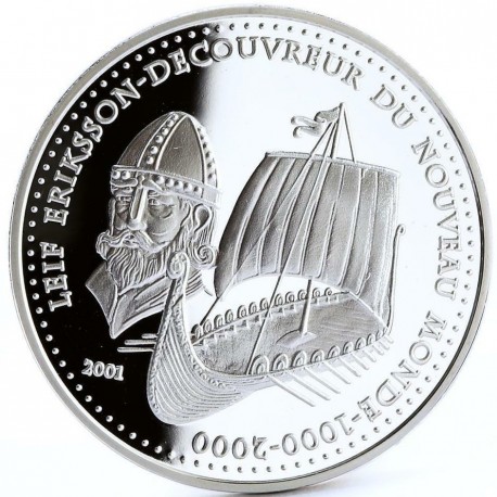 @RARA@ BENIN 1000 FRANCOS 2001 BARCO VIKINGO LEIF ERIKSSON KM.37 MONEDA DE PLATA PROOF SI CÁPSULA Africa CFA