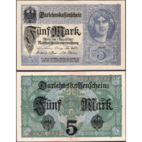 ALEMANIA 5 MARCOS 1917 DAMA y AGUILAS del IMPERIO Pick 54 BILLETE SC Germany 5 Marks UNC BANKNOTE