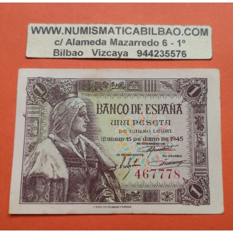 ESPAÑA 1 PESETA 1945 REINA ISABEL LA CATOLICA SIN SERIE 467778 Pick 128 BILLETE MBC+ @RARO@ Spain