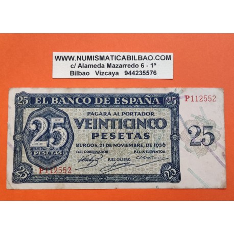 ESPAÑA 25 PESETAS 1936 BURGOS - SOLDADO NACIONAL CON CASCO Serie P 112552 Pick 99A BILLETE MBC- Spain banknote