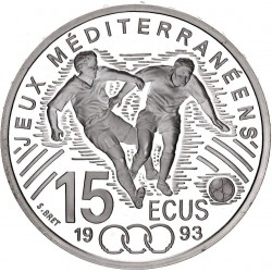 FRANCIA 100 FRANCOS 1993 FUTBOLISTAS - JUEGOS DEL MEDITERRANEO KM.1030 MONEDA DE PLATA PROOF CÁPSULA France 15 Ecus