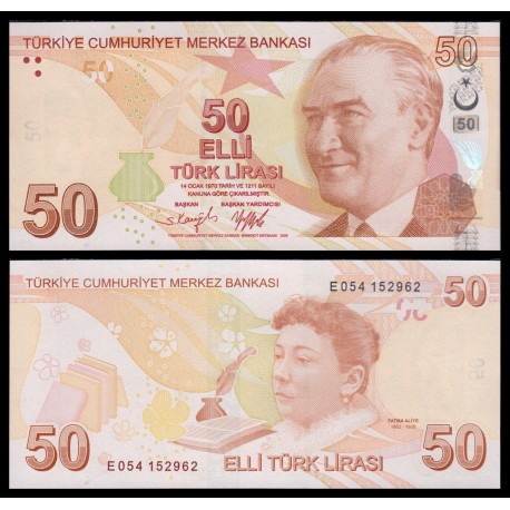 TURQUIA 50 LIRAS 2022 FATMA ALIYE ESCRITORA PRO DERECHOS DE LAS MUJERES Pick 225E BILLETE SC Turkey UNC BANKNOTE