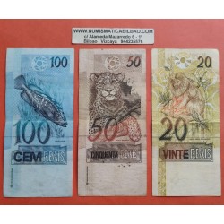 @PVP NUEVOS 350€@ 3 billetes x BRASIL 20 + 50 + 100 REAIS 1994 / 2007 MONO - LEOPARDO - PEZ Brazil banknotes RAROS y CIRCULADOS