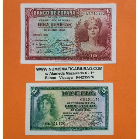 2 billetes CASI NUEVOS + Imperfecciones x ESPAÑA 5 PESETAS 1935 DAMA Serie G + 10 PESETAS 1935 Serie A II REPUBLICA ESPAÑOLA L/5