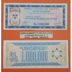 @PVP NUEVO 20€@ BOLIVIA 1000000 PESOS BOLIVIANOS 1985 FLOR Color AZÚL Tipo Cheque Pick 190 BILLETE MBC- 1 Millón