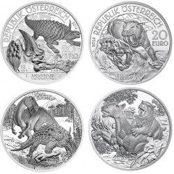 2 monedas x AUSTRIA 20 EUROS 2014 FELINO DIENTES DE SABLE + DINOSAURIO PTERODACTILO PLATA NO ESTUCHE SI CÁPSULA Österreich