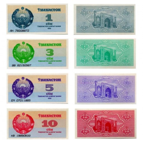 4 billenes NUEVOS x UZBEQUISTAN 1+3+5+10 SOM 1992 DRAGÓN Pick 61+62+63+64 SC Uzbekistan UNC BANKNOTE SUM