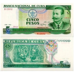 CUBA 5 PESOS 1991 ANTONIO MACEO y MILITARES Serie EX01-259518 Color Verde Pick 108A BILLETE SC Caribe UNC BANKNOTE