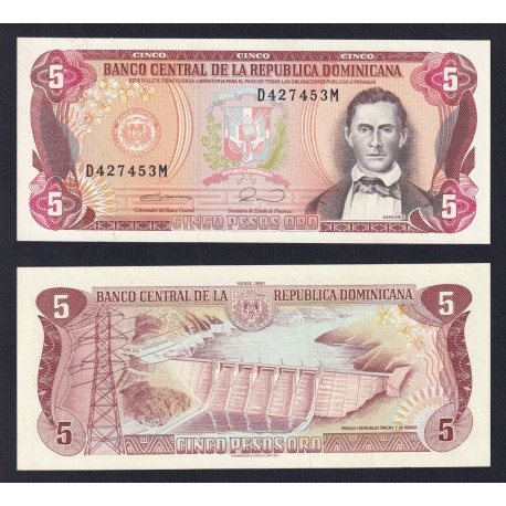 REPUBLICA DOMINICANA 5 PESOS 1990 PRESA HIDROELECTRICA Pick 131 BILLETE SC Dominican Republic UNC BANKNOTE