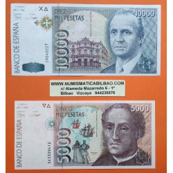 2 billetes x ESPAÑA 5000 PESETAS 1992 CRISTOBAL COLON + 10000 PESETAS 1992 JUAN CARLOS I Pick 166 EBC Spain banknote P2