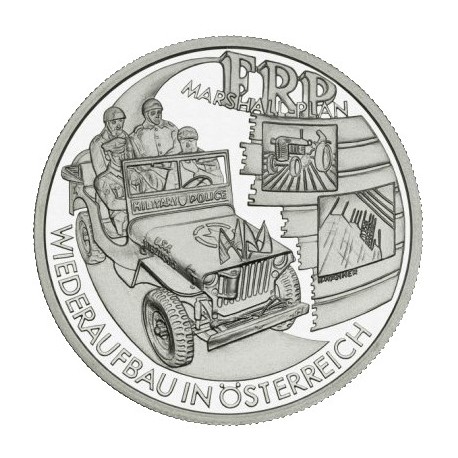 AUSTRIA 20 EUROS 2003 PLAN MARSHALL JEEP WWII KM.3107 MONEDA DE PLATA PROOF ESTUCHE Österreich Nachkriegszeit