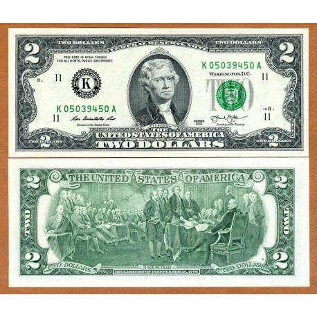 1 billete "DE LA SUERTE" x ESTADOS UNIDOS 2 DOLARES 2013 Letra K DALLAS (Texas) THOMAS JEFFERSON Pick 516 BILLETE SC USA