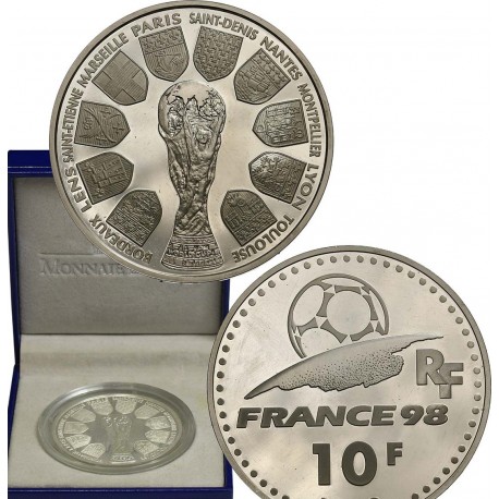 . 1 moneda ESTUCHE x FRANCIA 10 FRANCOS 1998 TROFEO DE LA COPA MUNDIAL FUTBOL 98 y SEDES MONEDA PLATA PROOF France Coffret