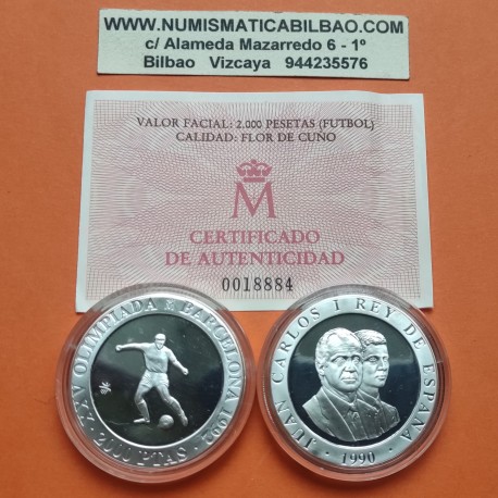 . 1 moneda + CÁPSULA + CERTIFICADO x ESPAÑA 2000 PESETAS 1990 FUTBOL Jugador OLIMPIADA BARCELONA 1992 1ª Serie PLATA PROOF