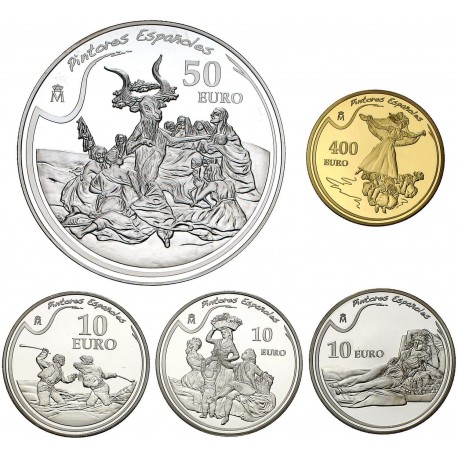 ESPAÑA 10 EUROS 2010 + 50 EUROS 2010 + 400 EUROS 2010 III SERIE PINTORES ESPAÑOLES GOYA 5 Monedas PLATA ORO ESTUCHE FNMT