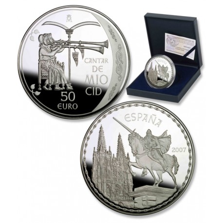 ESPAÑA 50 EUROS 2007 EL CANTAR DEL MIO CID BURGOS MONEDA DE PLATA PROOF Cincuentín ESTUCHE y CERTIFICADO FNMT 5 Onzas OZ