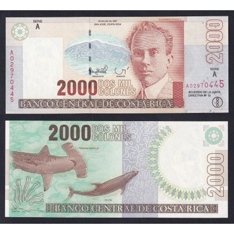 COSTA RICA 2000 COLONES 1997 Julio 30 TIBURON MARTILLO y DELFIN CLODOMIRO Pick 265 BILLETE SC Serie A UNC BANKNOTE