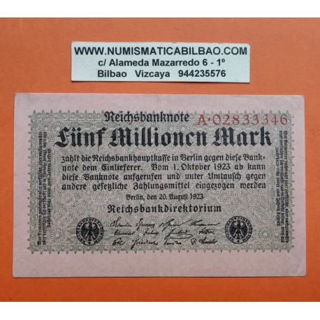 . ALEMANIA 5 MILLONES DE MARCOS 1923 Banco REICHBANK WEIMAR HIPERINFLACION Pick 105 BILLETE MBC+ Germany